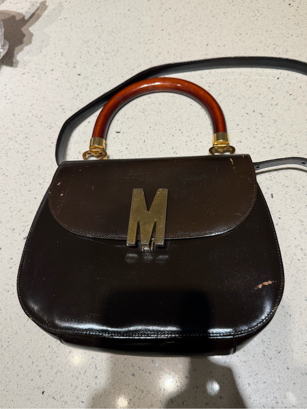 Moschino Brown Leather Top-Handle Bag with Wood Accent PROJECT